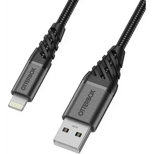 OtterBox USB-A to Lightning charging cable 1 metre with black braided nylon exterior and gunmetal grey connectors featuring protective strain relief design