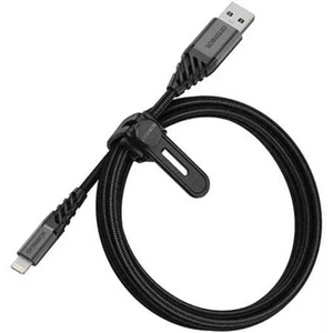 OtterBox USB-A to Lightning charging cable, 1 metre, black braided nylon design with protective connectors and cable management clip
