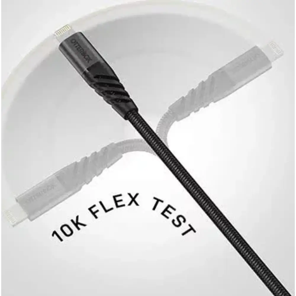 OtterBox black USB-A to Lightning charging cable with braided nylon design and 10K flex test demonstration showing durability on white background