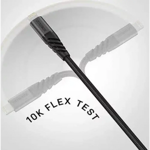 OtterBox black USB-A to Lightning charging cable with braided nylon design and 10K flex test demonstration showing durability on white background