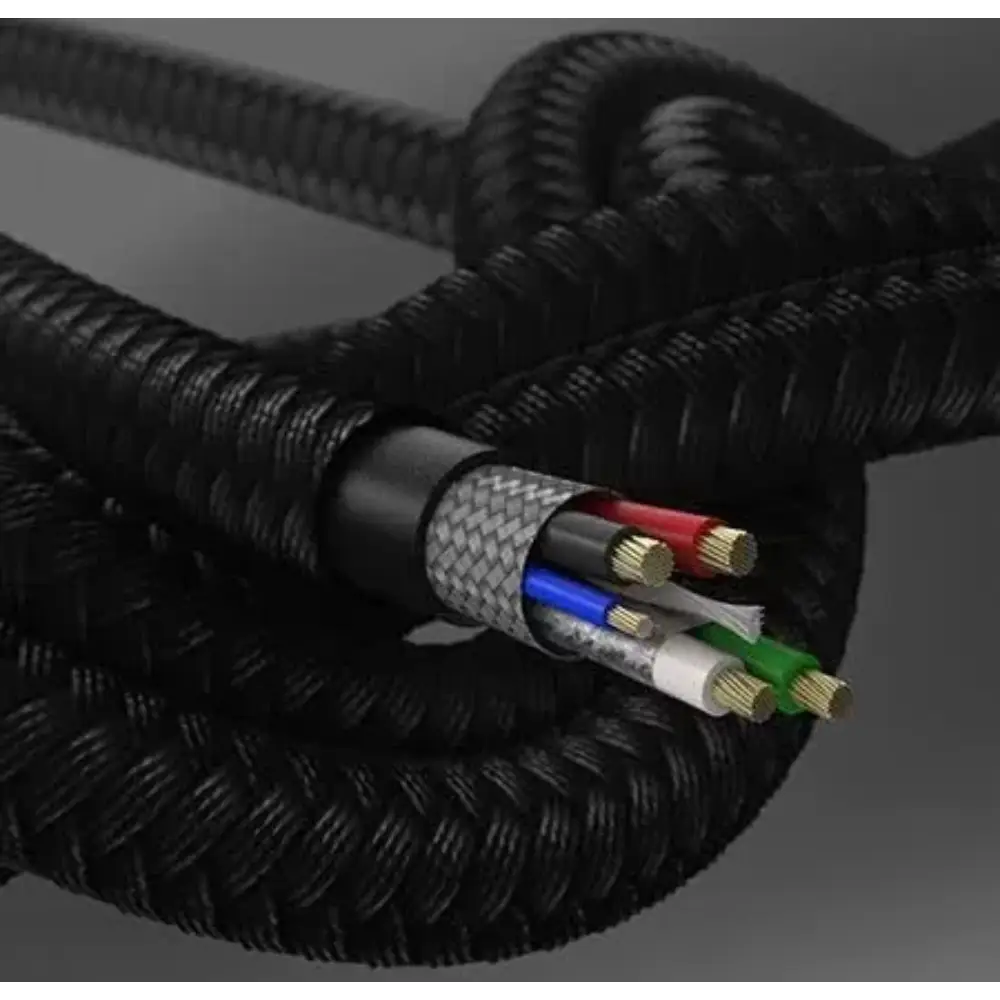 Black braided USB-A to Lightning charging cable with exposed colored wire connectors (red, blue, green, white) showing internal construction detail, 1 meter OtterBox cable with protective sleeving