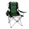 Green and black high-back canvas camping chair with padded armrests, cup holder, and metal folding frame