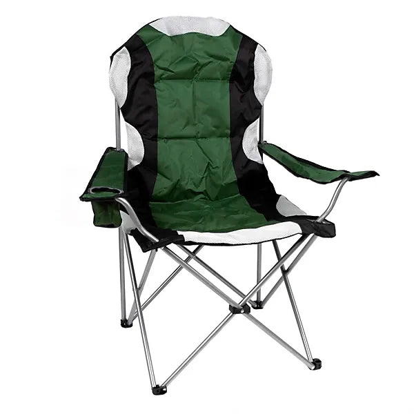 Green and black high-back canvas camping chair with padded armrests, cup holder, and metal folding frame