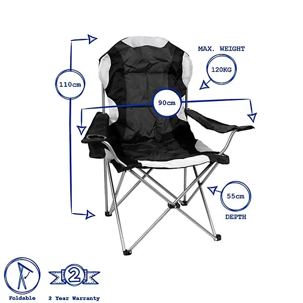 Redwood high back canvas camping folding chair with black and grey fabric, metal frame, armrests and cup holder, featuring dimensions of 110cm height, 90cm width, 55cm depth, maximum weight capacity 120kg, foldable with 2 year warranty