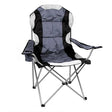 Black and grey canvas camping folding chair with padded backrest, armrests, cup holder and metal frame