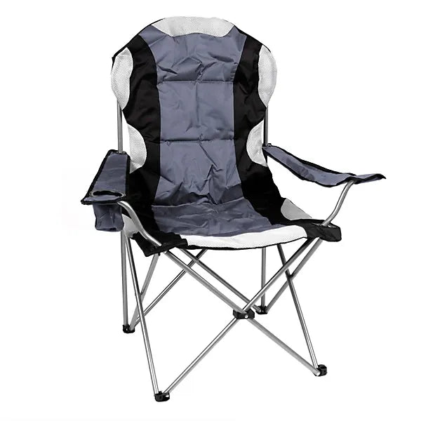 Black and grey canvas camping folding chair with padded backrest, armrests, cup holder and metal frame