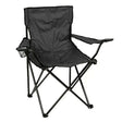Black canvas camping folding chair with metal frame, armrests and cup holder attachment