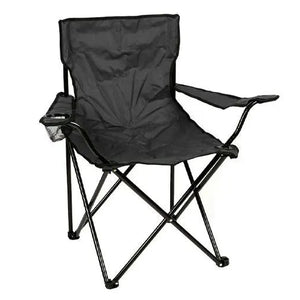 Black canvas camping folding chair with metal frame, armrests and cup holder attachment