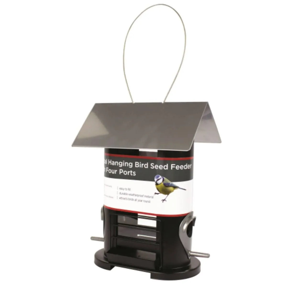 Metal hanging bird seed feeder with four ports, featuring a black cylindrical body with silver metal roof and wire hanging loop, on white background