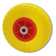 Bright yellow puncture-proof solid wheel with red plastic hub and metal center axle for 10 inch sack truck replacement