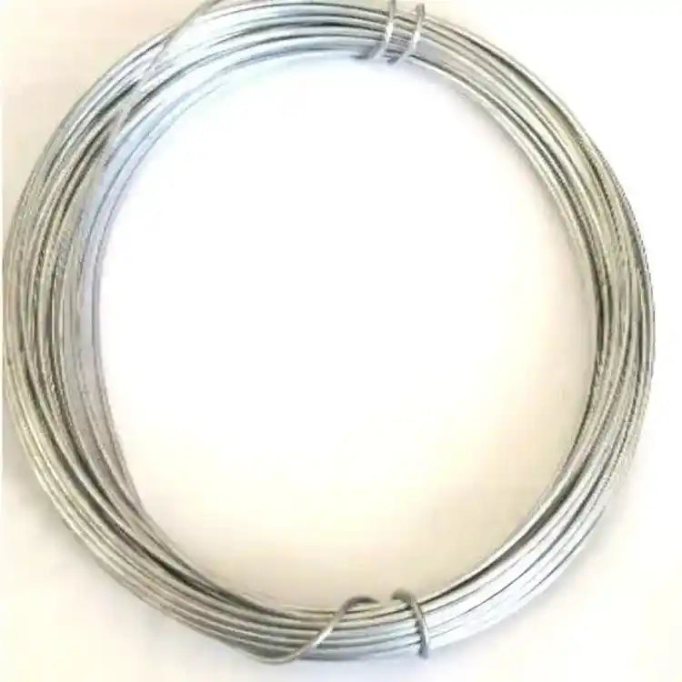 Coil of galvanised steel garden tying wire 1.6mm diameter, 14 metre length, silver-grey metal wire bundled and secured with tie wraps