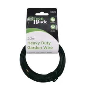 Green Blade Heavy Duty Garden Wire WB215 coiled dark green 20m x 2mm packaging with black and white label displayed against white background