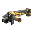DeWalt XR brushless 18V cordless angle grinder with 125mm disc, featuring yellow and black body, dust collection shroud, side handle, and bare unit configuration shown on white background
