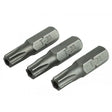 Three Faithfull security Torx T30 screwdriver bits in S2 grade steel, 25mm length, with hexagonal shanks and embossed markings, arranged in a row on white background