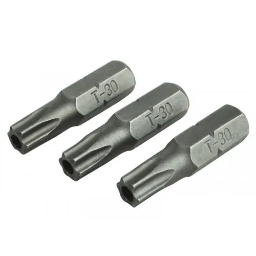 Three Faithfull security Torx T30 screwdriver bits in S2 grade steel, 25mm length, with hexagonal shanks and embossed markings, arranged in a row on white background