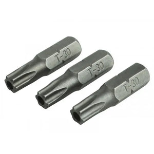 Three Faithfull security Torx T30 screwdriver bits in S2 grade steel, 25mm length, with hexagonal shanks and embossed markings, arranged in a row on white background