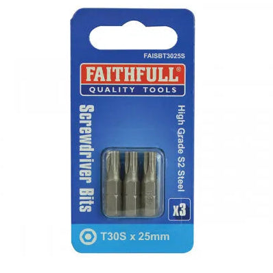 Faithfull Quality Tools T30S security screwdriver bits 25mm pack of 3 on blue packaging card with product details and specifications visible