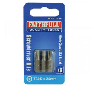 Faithfull Quality Tools T30S security screwdriver bits 25mm pack of 3 on blue packaging card with product details and specifications visible