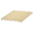 Six cream-colored hot glue sticks arranged in a row, Arrow AP5 all-purpose glue sticks measuring 12mm x 102mm on white background