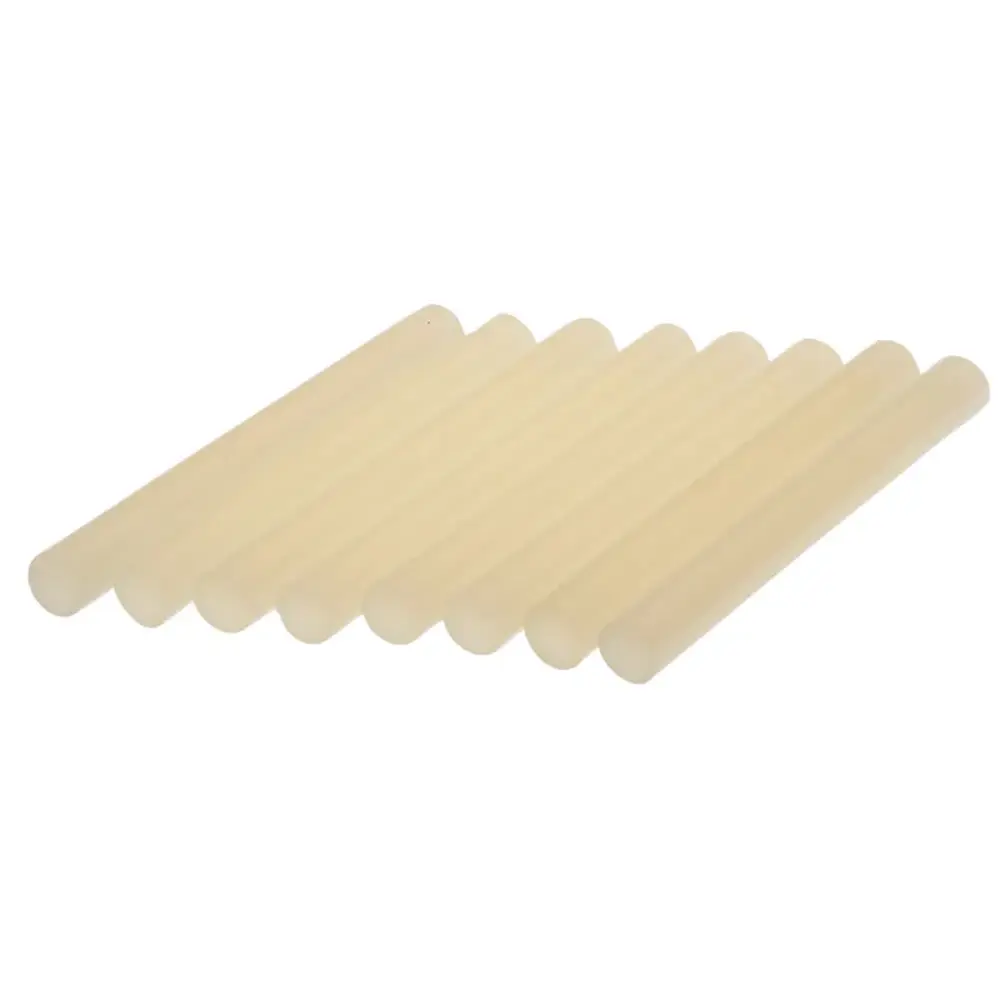 Six cream-colored hot glue sticks arranged in a row, Arrow AP5 all-purpose glue sticks measuring 12mm x 102mm on white background