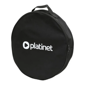 Black protective carrying case with white Platinet logo and play button symbol, featuring top handle and front zipper pocket for EV charging cable storage