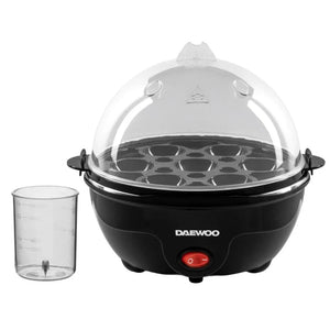 Daewoo black electric egg cooker with clear dome lid, capacity for 7 eggs, featuring red power button, transparent water measuring cup with fill markers, and stainless steel handles on white background