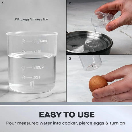 Daewoo egg cooker instruction steps showing clear measuring cup with egg firmness lines (soft, medium, hard, custard), pouring water into black cooker base, and piercing brown egg with included tool