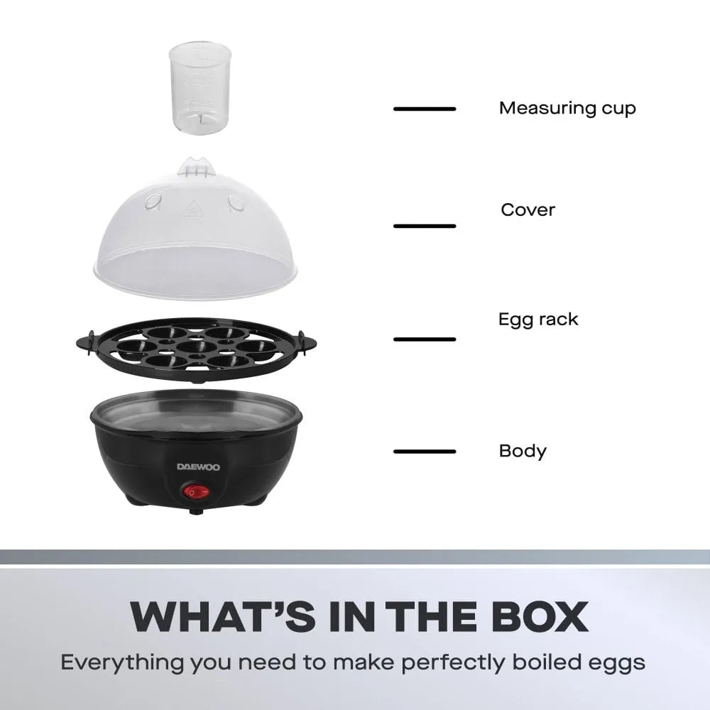 Daewoo black electric egg cooker with 7-egg capacity showing component parts including measuring cup, clear dome cover, black egg rack, and main body with red power button, labeled "What's in the Box"
