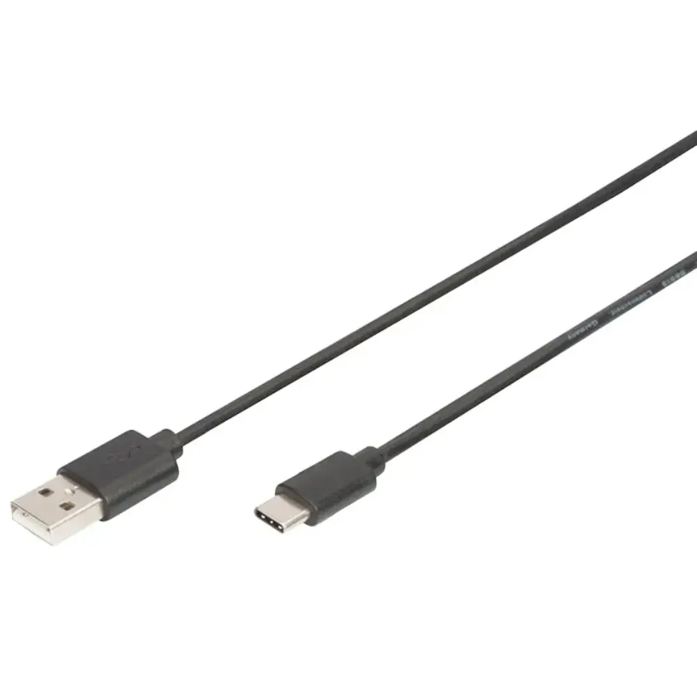 Black USB Type-A to USB Type-C cable with connectors visible at both ends, displayed diagonally on white background, Digitus brand high speed charging cable