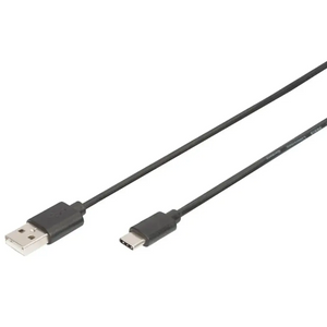 Black USB Type-A to USB Type-C cable with connectors visible at both ends, displayed diagonally on white background, Digitus brand high speed charging cable