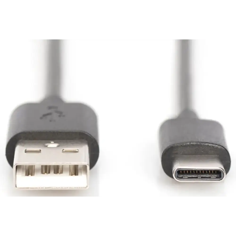 USB A to USB C charging cable with gray connectors and black strain relief sleeves, showing male USB A connector on left and male USB C connector on right, 1.8 metre length