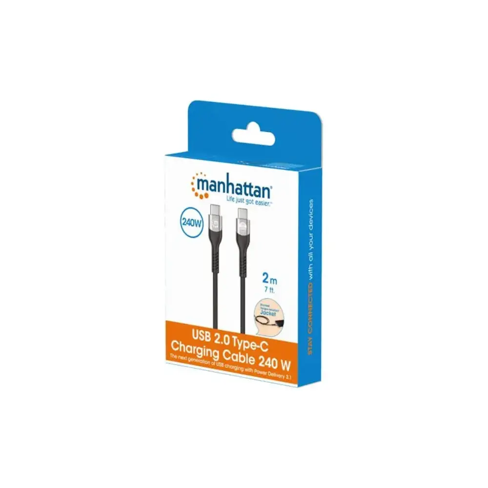 Manhattan USB 2.0 Type-C charging cable 240W in black, 2 metres long, displayed in blue and orange retail packaging with product specifications visible