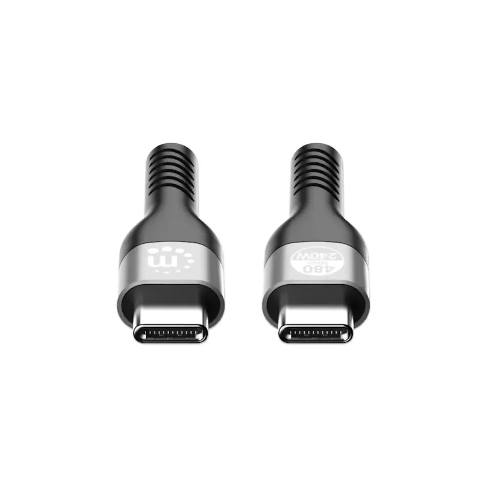 Two black USB-C to USB-C charging cables with silver connector bands and threaded black connectors, displayed side by side on white background
