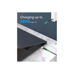 Black USB-C to USB-C charging cable with green accent connector tips displayed charging a laptop at 240W 48V 5A power output against marble desktop surface