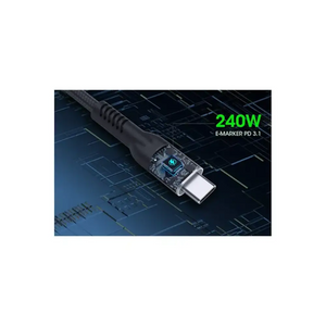 Manhattan 240W USB-C to USB-C charging cable with E-Marker PD 3.1 connector displayed on blue circuit board background showing internal chip architecture and white USB-C port