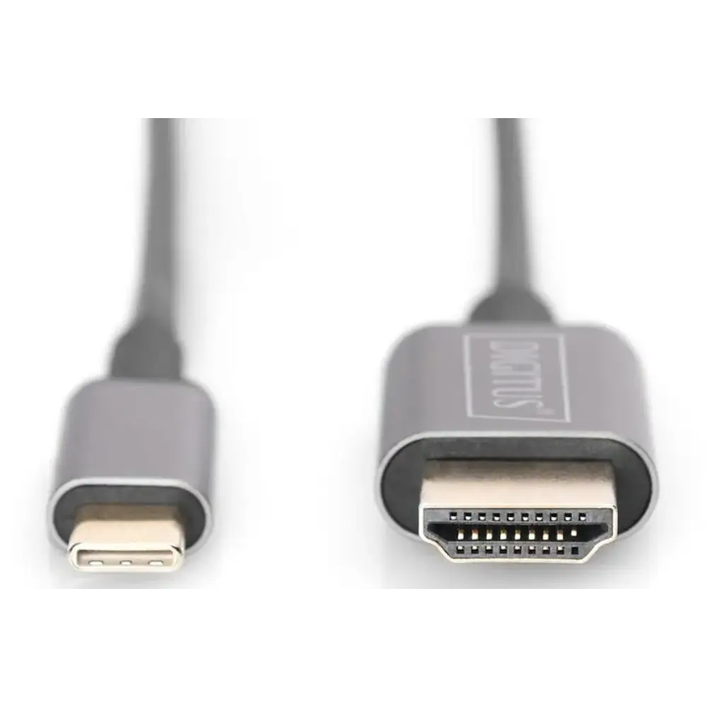 USB-C to HDMI adapter cable with USB Type-C connector on left and HDMI port on right, gray PVC cable, 1.8 metre length, supports 4K UHD 30Hz video transmission