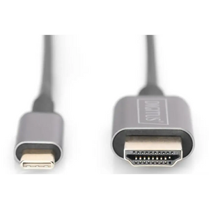 USB-C to HDMI adapter cable with USB Type-C connector on left and HDMI port on right, gray PVC cable, 1.8 metre length, supports 4K UHD 30Hz video transmission