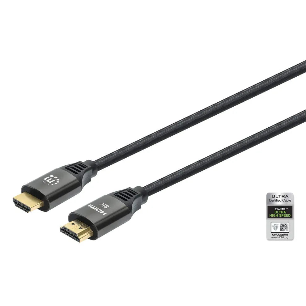 Black braided HDMI Ultra High Speed cable with gold-plated connectors, 2 metres length, featuring HDMI Ultra certified badge for 8K 60Hz support with Ethernet capability