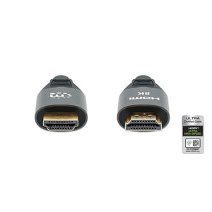 Two grey and black HDMI Ultra High Speed connectors displayed side by side showing male connector ends with gold plating, accompanied by HDMI Ultra High Speed certification badge indicating 8K 60Hz capability