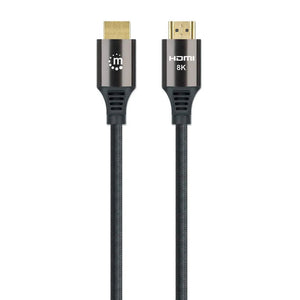 Manhattan Ultra High Speed HDMI 8K cable with black braided nylon jacket and gold-plated connectors, 2 metres length shown on white background