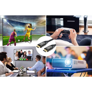 Manhattan Ultra High Speed HDMI Cable with Ethernet 8K 60Hz 2 Metre in black displayed with four usage scenarios including sports on TV, gaming controller, video conferencing, and projector setup