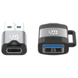 Manhattan USB-C to USB-A and USB-A to USB-C adapter set showing two-piece connector bundle with silver and black design in front and side views