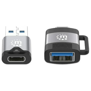 Manhattan USB-C to USB-A and USB-A to USB-C adapter set showing two-piece connector bundle with silver and black design in front and side views