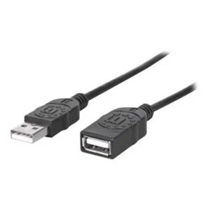 USB A to USB A extension cable, 1.8 metre black cord with male USB connector on left and female USB connector on right
