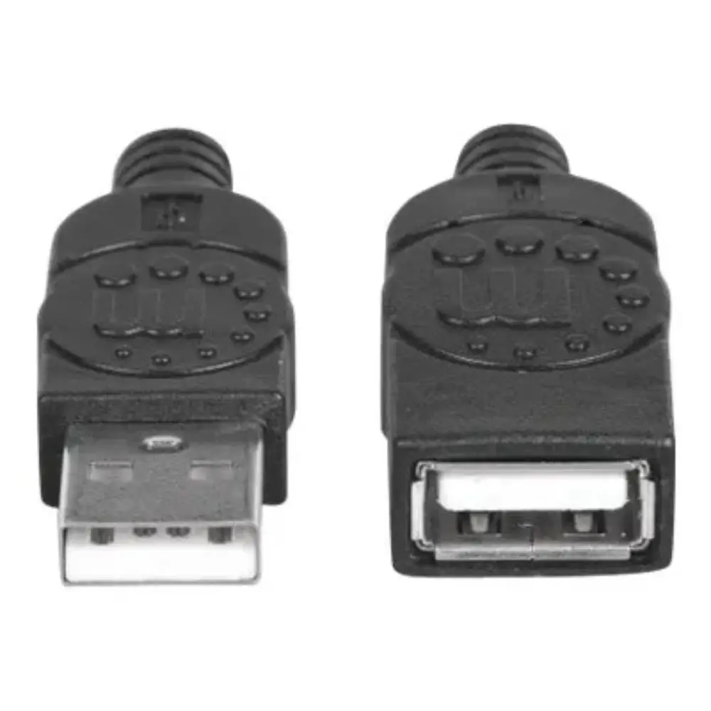 Two black USB Type-A connectors shown front and back views displaying male and female ends with metal contacts and threaded coupling rings on a white background