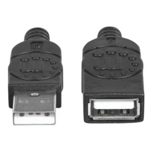 Two black USB Type-A connectors shown front and back views displaying male and female ends with metal contacts and threaded coupling rings on a white background