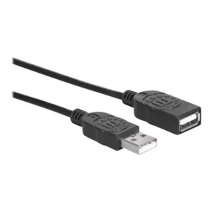 Black USB A to USB A extension cable with 1.8 metre length showing male connector on left and female connector on right against white background