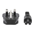 UK mains power plug with three rectangular prongs connected to black C5 cloverleaf connector cable 1.8 metre length shown front and end view against white background