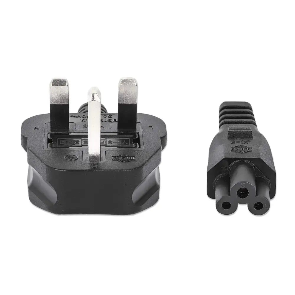 UK mains power plug with three rectangular prongs connected to black C5 cloverleaf connector cable 1.8 metre length shown front and end view against white background