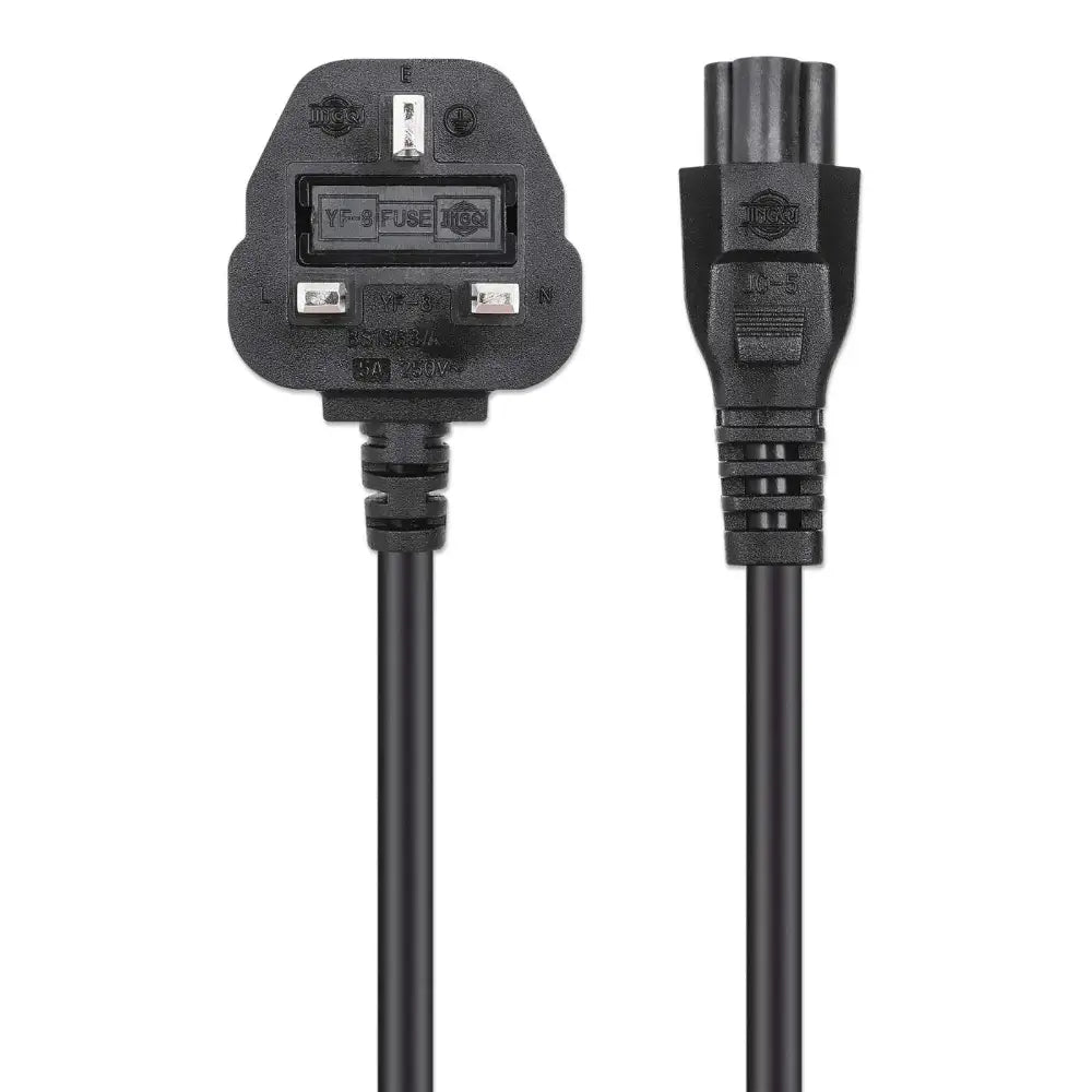 Black UK mains power cable with 3-pin rectangular plug and C5 cloverleaf connector, 1.8 metre length, shown against white background with detailed view of both ends